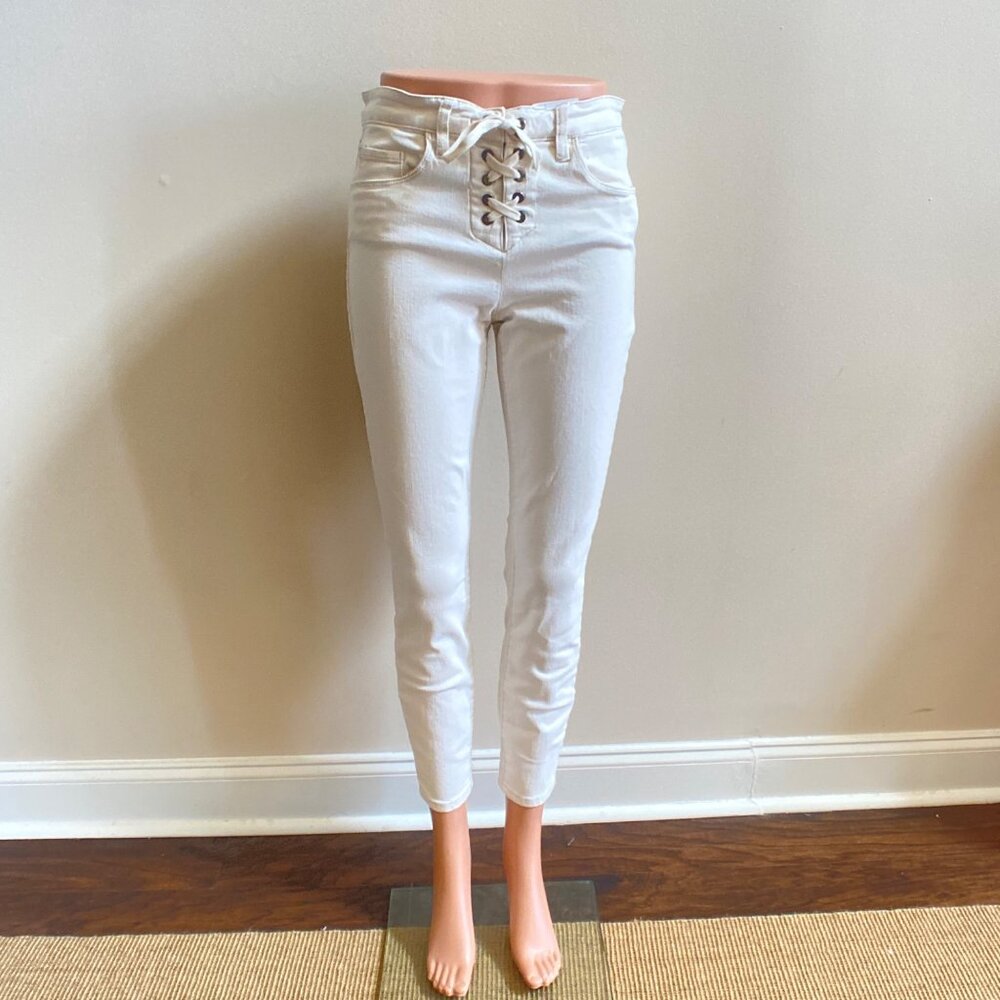 Blank NYC Ivory High-Waisted Lace-Up Skinny Jeans, Size 28 - Picture 2 of 13